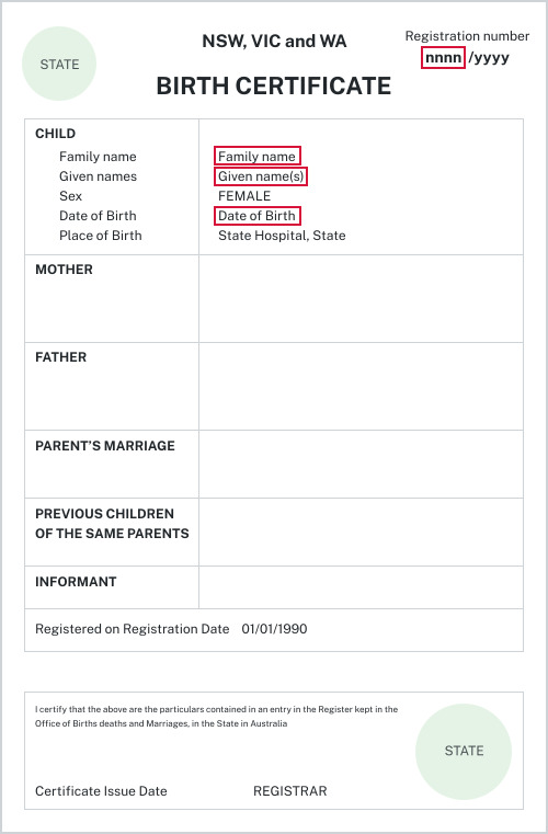 Australian birth certificate NSW, VIC, WA